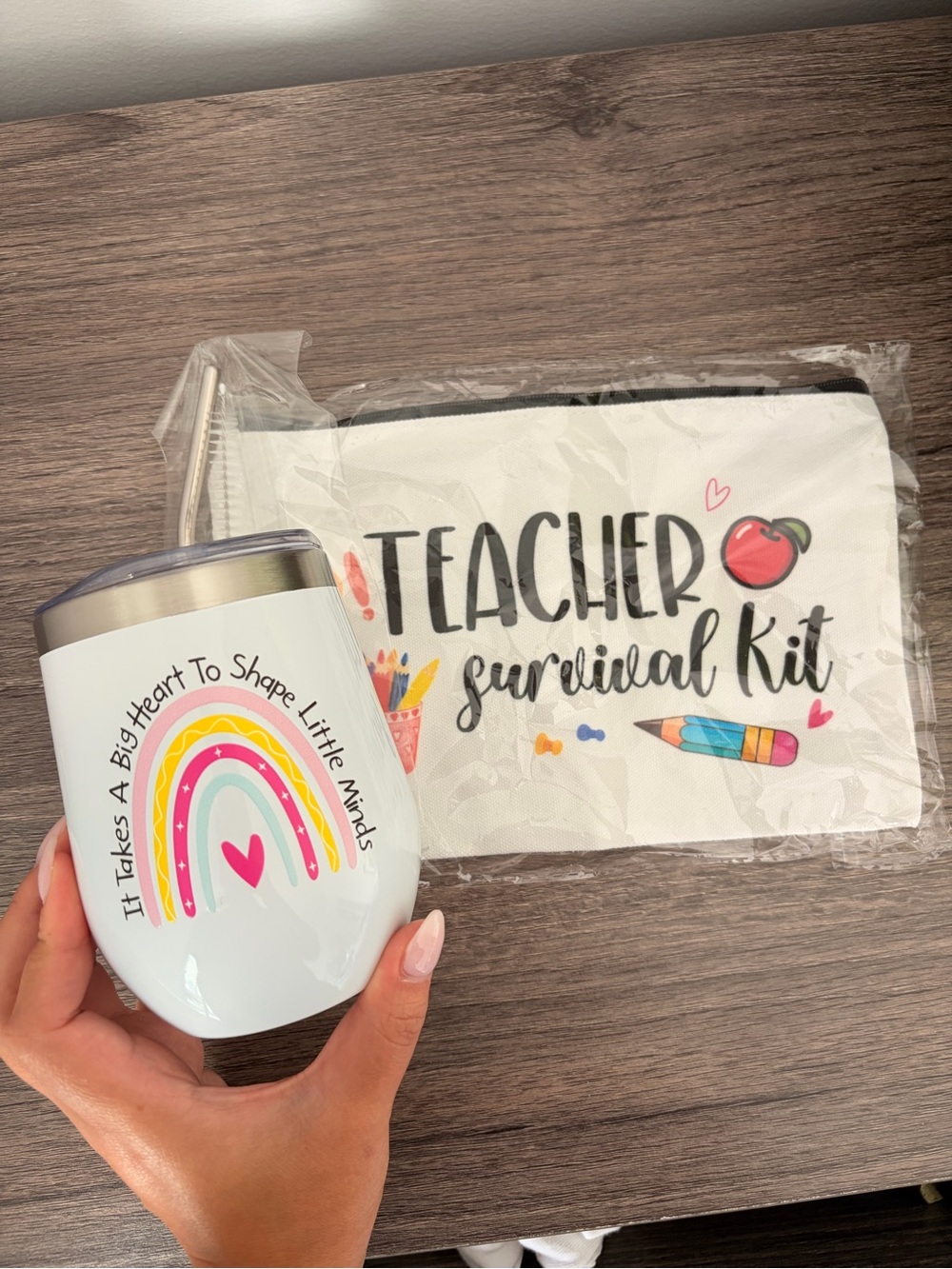 Teacher Survival Kit Pouch and White Rainbow Tumbler Set